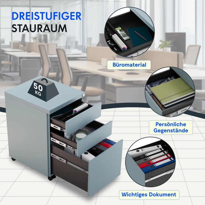 FlexiSpot Rollcontainer mit 3 Schubladen, mobiler Aktenschrank mit Rollen, Schubladenschrank Büroschrank Schreibtisch Unterschrank mit Schlüsselschloss und Anti Kipp für Büro Zuhause, Grau Blau