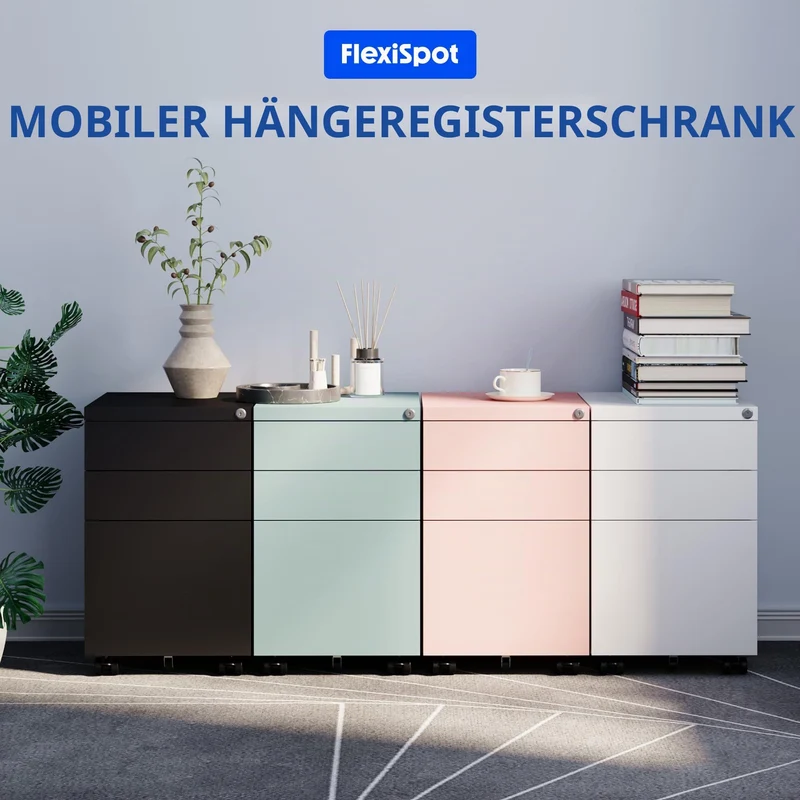FlexiSpot Rollcontainer mit 3 Schubladen, mobiler Aktenschrank mit Rollen, Schubladenschrank Büroschrank Schreibtisch Unterschrank mit Schlüsselschloss und Anti Kipp für Büro Zuhause, Grau Blau