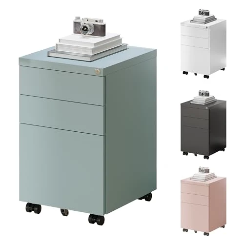 FlexiSpot Rollcontainer mit 3 Schubladen, mobiler Aktenschrank mit Rollen, Schubladenschrank Büroschrank Schreibtisch Unterschrank mit Schlüsselschloss und Anti Kipp für Büro Zuhause, Grau Blau