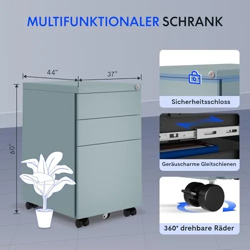 FlexiSpot Rollcontainer mit 3 Schubladen, mobiler Aktenschrank mit Rollen, Schubladenschrank Büroschrank Schreibtisch Unterschrank mit Schlüsselschloss und Anti Kipp für Büro Zuhause, Grau Blau