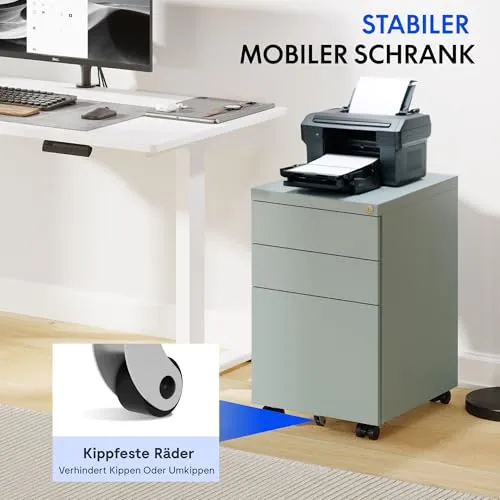 FlexiSpot Rollcontainer mit 3 Schubladen, mobiler Aktenschrank mit Rollen, Schubladenschrank Büroschrank Schreibtisch Unterschrank mit Schlüsselschloss und Anti Kipp für Büro Zuhause, Grau Blau