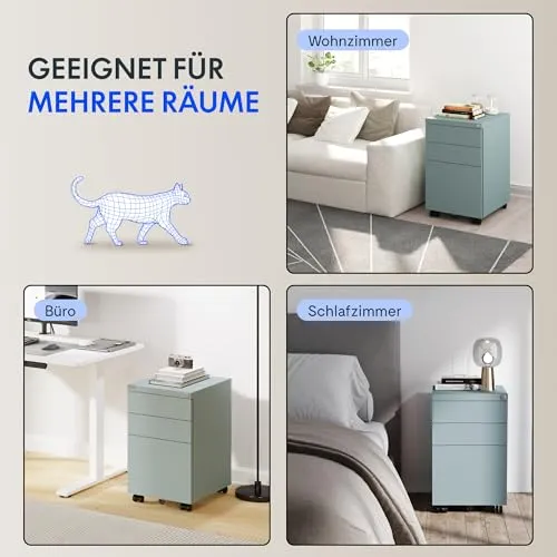 FlexiSpot Rollcontainer mit 3 Schubladen, mobiler Aktenschrank mit Rollen, Schubladenschrank Büroschrank Schreibtisch Unterschrank mit Schlüsselschloss und Anti Kipp für Büro Zuhause, Grau Blau