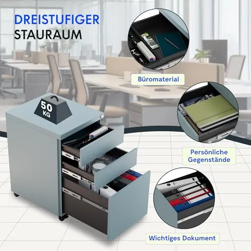 FlexiSpot Rollcontainer mit 3 Schubladen, mobiler Aktenschrank mit Rollen, Schubladenschrank Büroschrank Schreibtisch Unterschrank mit Schlüsselschloss und Anti Kipp für Büro Zuhause, Grau Blau