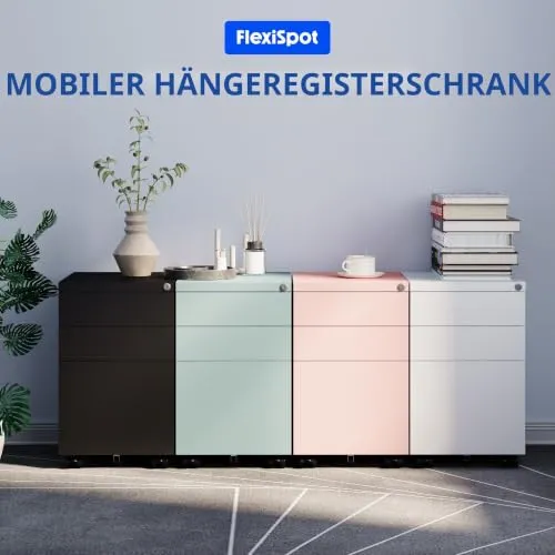 FlexiSpot Rollcontainer mit 3 Schubladen, mobiler Aktenschrank mit Rollen, Schubladenschrank Büroschrank Schreibtisch Unterschrank mit Schlüsselschloss und Anti Kipp für Büro Zuhause, Grau Blau