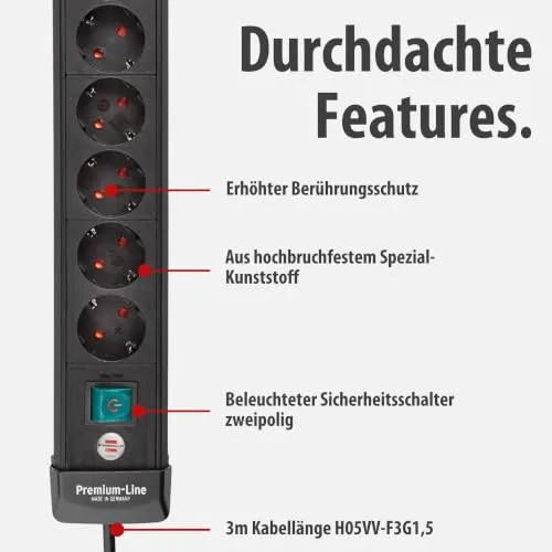 Brennenstuhl Premium-Line, Steckdosenleiste 6-Fach für die Wandmontage, 3m