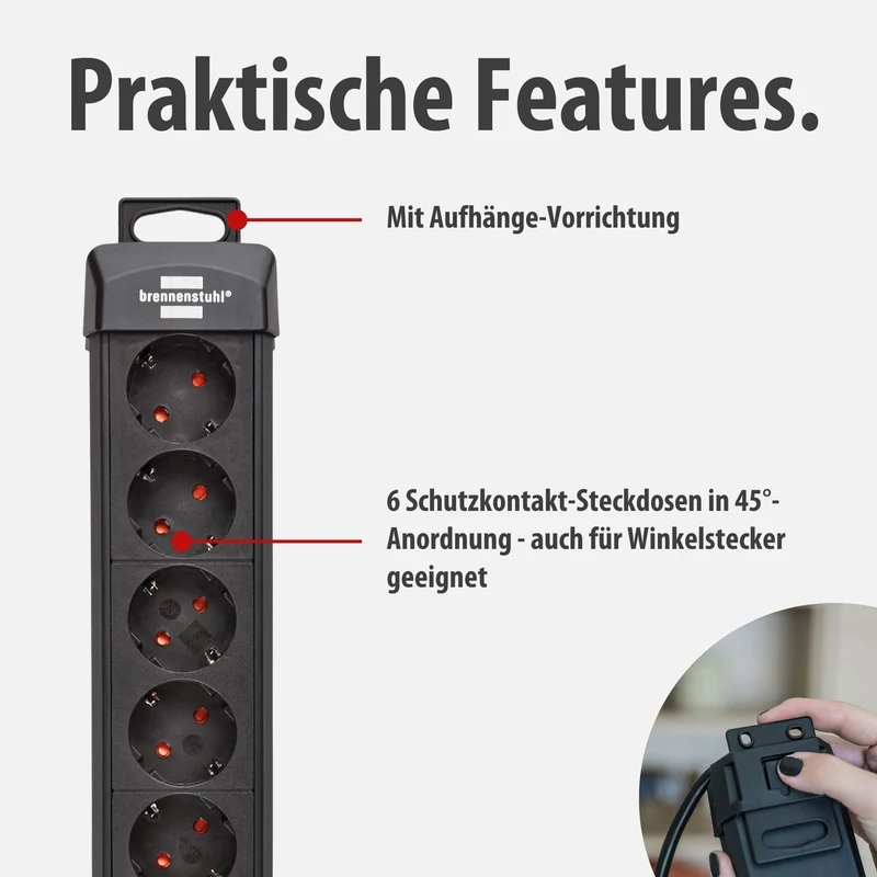 Brennenstuhl Premium-Line, Steckdosenleiste 6-Fach für die Wandmontage, 3m