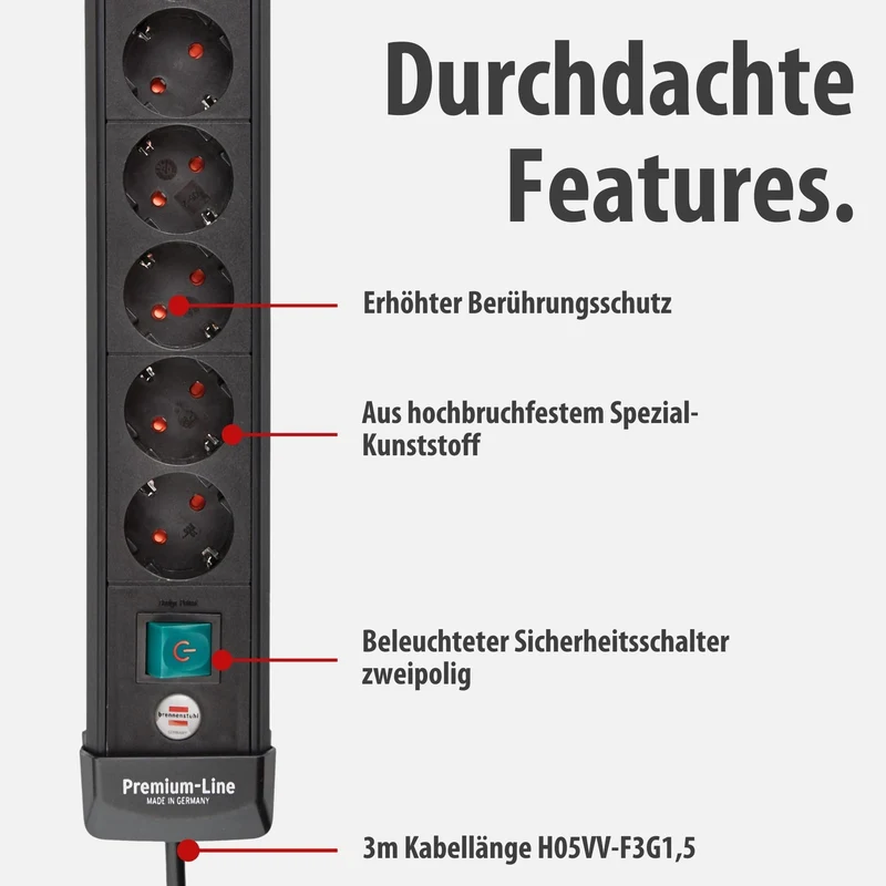 Brennenstuhl Premium-Line, Steckdosenleiste 6-Fach für die Wandmontage, 3m