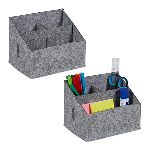 Relaxdays Schreibtisch Organizer, Filz, 2er Set, 3 Fächer, H x B x T: 14 x 18 x 14,5 cm, Ordnungssystem fürs Büro, grau
