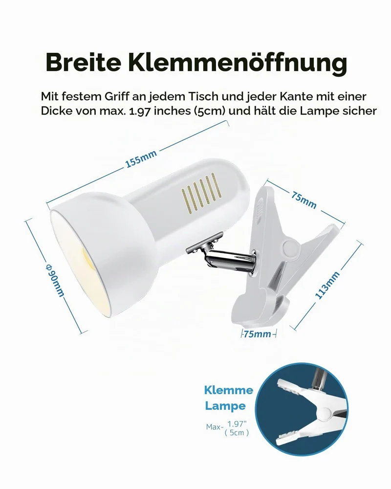 Milpoel Klemmleuchte, Verstellbare Schreibtischlampe mit E27-Fassung, Klemmlampe für Lesen im Bett, Arbeiten und Lernen, Schlankes und Leichtes Design (Weiß)