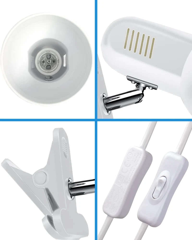 Milpoel Klemmleuchte, Verstellbare Schreibtischlampe mit E27-Fassung, Klemmlampe für Lesen im Bett, Arbeiten und Lernen, Schlankes und Leichtes Design (Weiß)