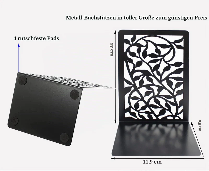 Metall Buchstützen, Schwarz Buchhalter Regal-Bookend Holder mit rutschfeste Bücherstopper für Schule Zuhause Büro (1 Paar)