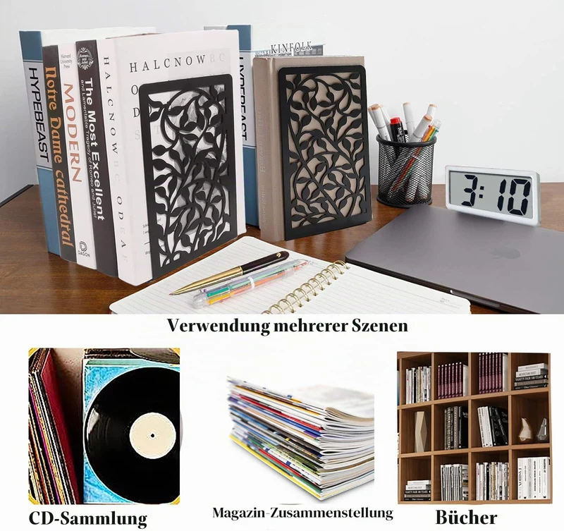 Metall Buchstützen, Schwarz Buchhalter Regal-Bookend Holder mit rutschfeste Bücherstopper für Schule Zuhause Büro (1 Paar)