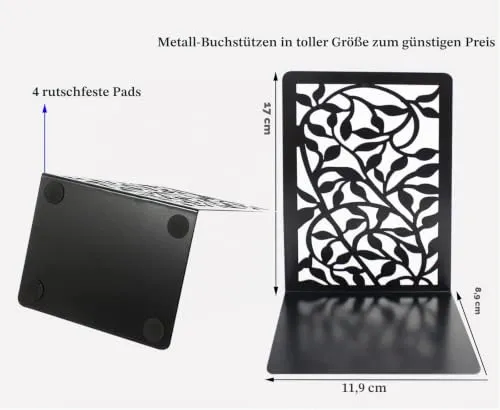 Metall Buchstützen, Schwarz Buchhalter Regal-Bookend Holder mit rutschfeste Bücherstopper für Schule Zuhause Büro (1 Paar)