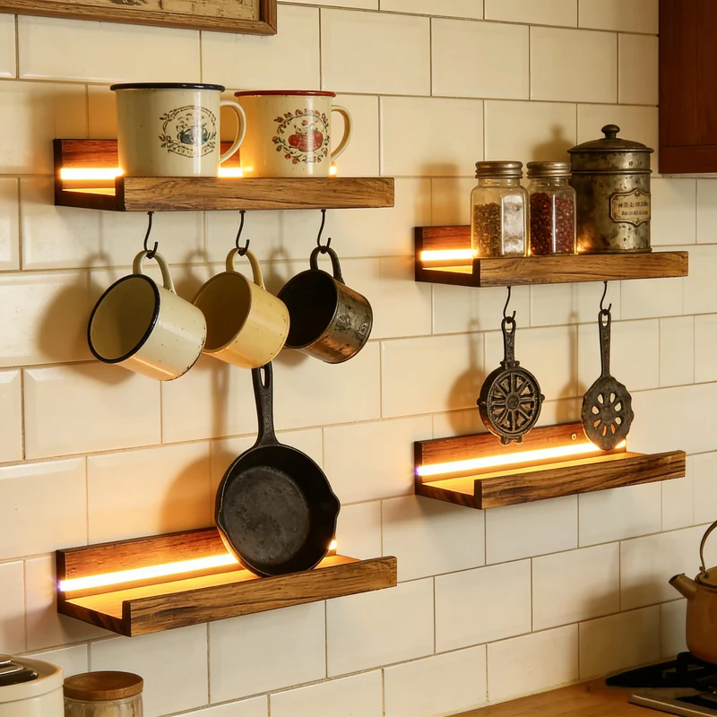 4 Stück Wandregal Floating mit LED Lichterkette, Regale Holzfarbe Wand 40cm Floating Shelf Regal Wand Schweberegal Holz Board Regalbrett Hängeregal Bilderleiste Holz für Wohnzimmer Schlafzimmer Küche