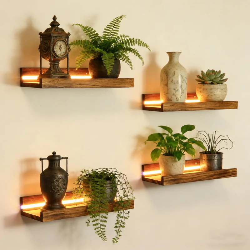 4 Stück Wandregal Floating mit LED Lichterkette, Regale Holzfarbe Wand 40cm Floating Shelf Regal Wand Schweberegal Holz Board Regalbrett Hängeregal Bilderleiste Holz für Wohnzimmer Schlafzimmer Küche