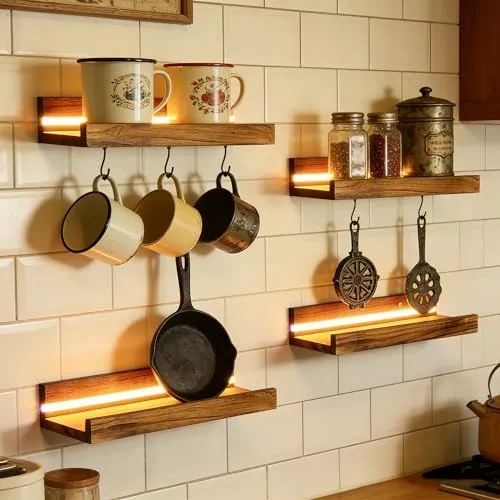 4 Stück Wandregal Floating mit LED Lichterkette, Regale Holzfarbe Wand 40cm Floating Shelf Regal Wand Schweberegal Holz Board Regalbrett Hängeregal Bilderleiste Holz für Wohnzimmer Schlafzimmer Küche