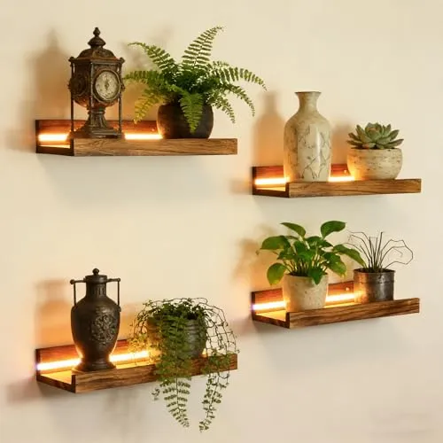 4 Stück Wandregal Floating mit LED Lichterkette, Regale Holzfarbe Wand 40cm Floating Shelf Regal Wand Schweberegal Holz Board Regalbrett Hängeregal Bilderleiste Holz für Wohnzimmer Schlafzimmer Küche