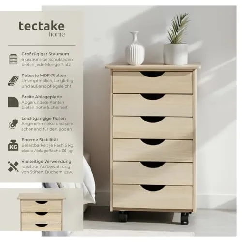 tectake® Rollcontainer mit Schubladen, Schubladenschrank 6x Schublade, mit Rollen, Büro Organizer, Schreibtisch Schrank, Rollwagen Unterschrank, Aufbewahrungsschrank Office - Holz hell, Eiche Sonoma