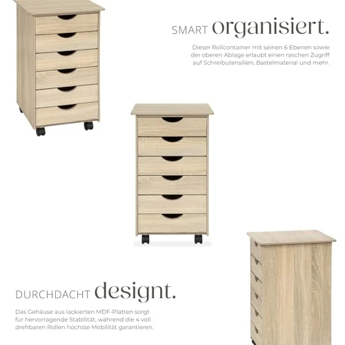 tectake® Rollcontainer mit Schubladen, Schubladenschrank 6x Schublade, mit Rollen, Büro Organizer, Schreibtisch Schrank, Rollwagen Unterschrank, Aufbewahrungsschrank Office - Holz hell, Eiche Sonoma