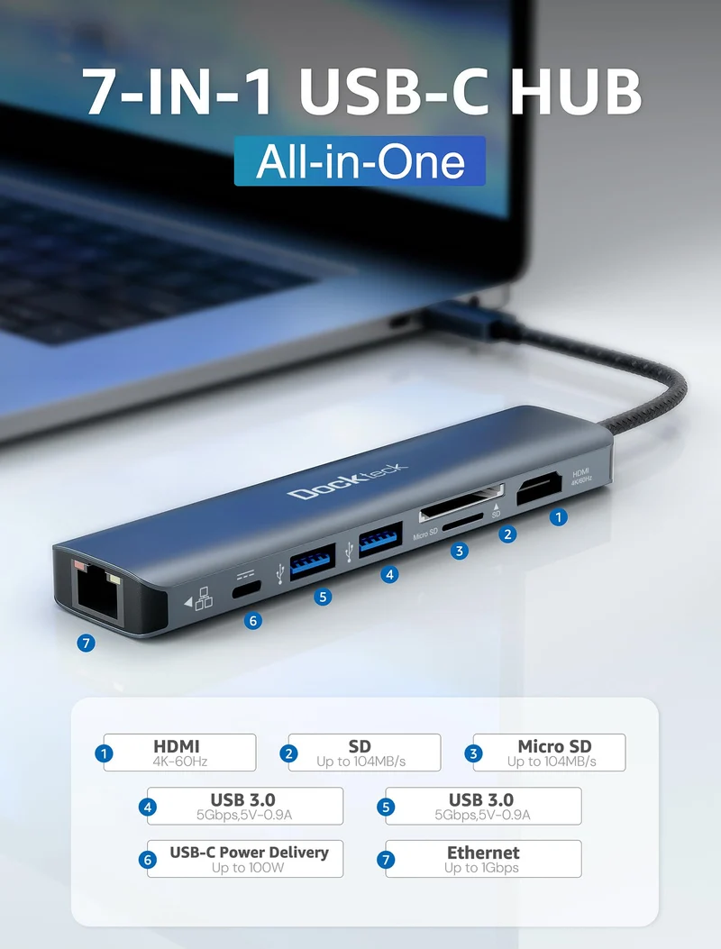 USB C Hub Dockteck 7-in-1 USB C Adapter 4K 60Hz HDMI USB-3.0 100W PD RJ45