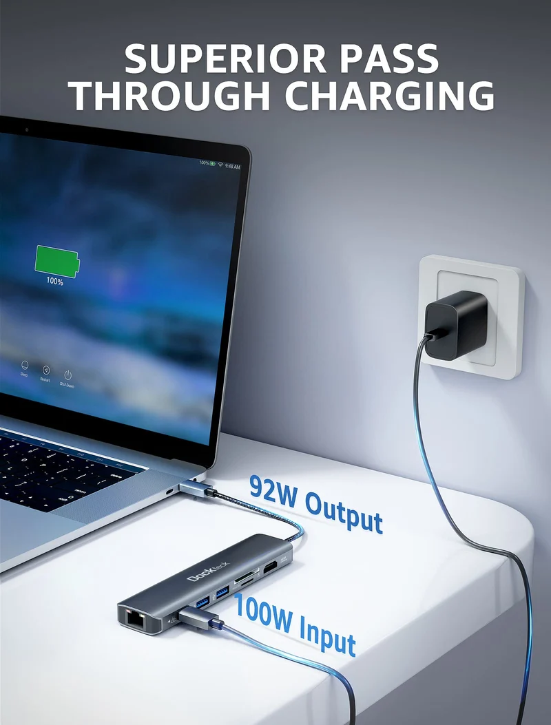 USB C Hub Dockteck 7-in-1 USB C Adapter 4K 60Hz HDMI USB-3.0 100W PD RJ45