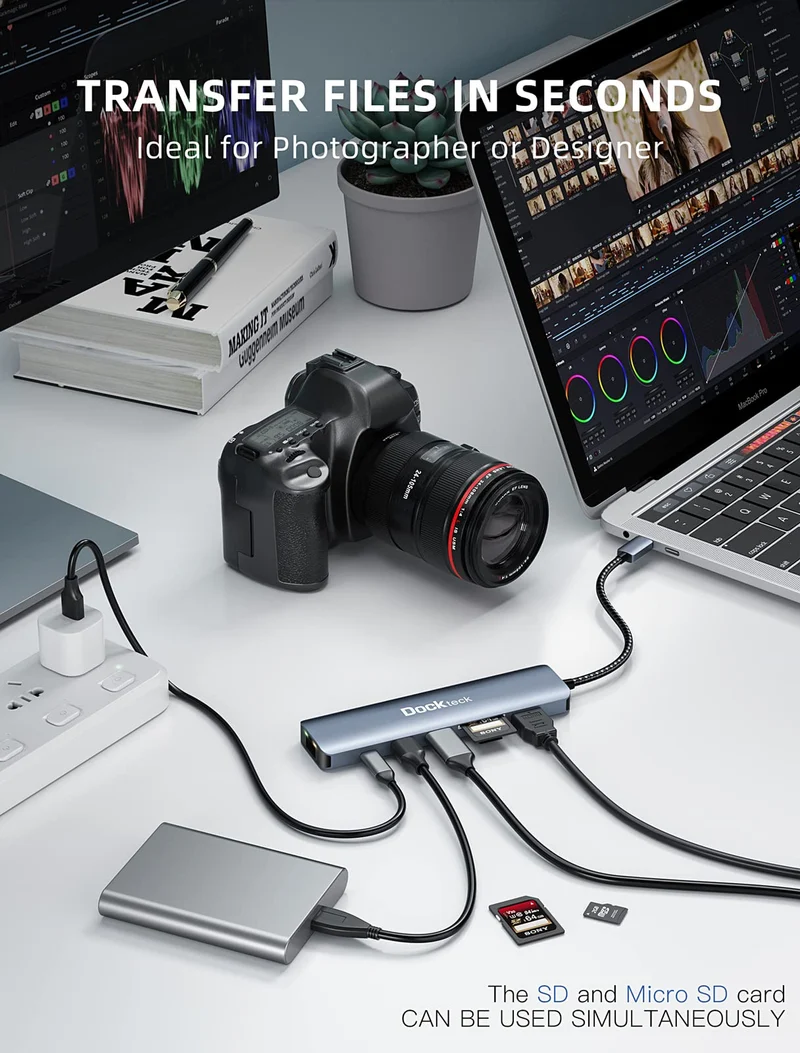 USB C Hub Dockteck 7-in-1 USB C Adapter 4K 60Hz HDMI USB-3.0 100W PD RJ45