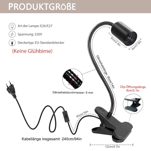 E27 Klemmleuchte mit Stecker und 240 CM Kabel, 360°Verstellbarer 35 CM Länge Schwanenhals Lampe, Lampenfassung mit Clip, Klemmleuchte mit Schalter, Klemmlampe mit Stecker, Bettlampe für Schlafzimmer