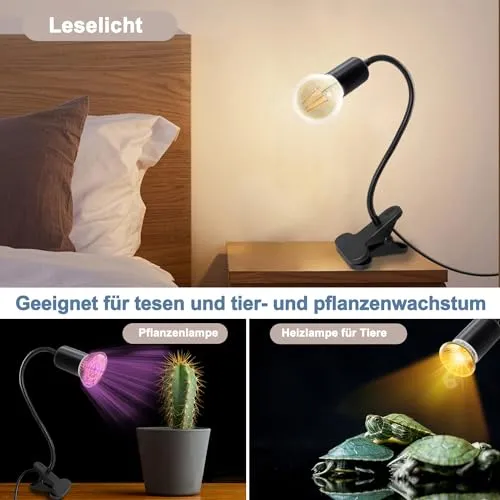 E27 Klemmleuchte mit Stecker und 240 CM Kabel, 360°Verstellbarer 35 CM Länge Schwanenhals Lampe, Lampenfassung mit Clip, Klemmleuchte mit Schalter, Klemmlampe mit Stecker, Bettlampe für Schlafzimmer