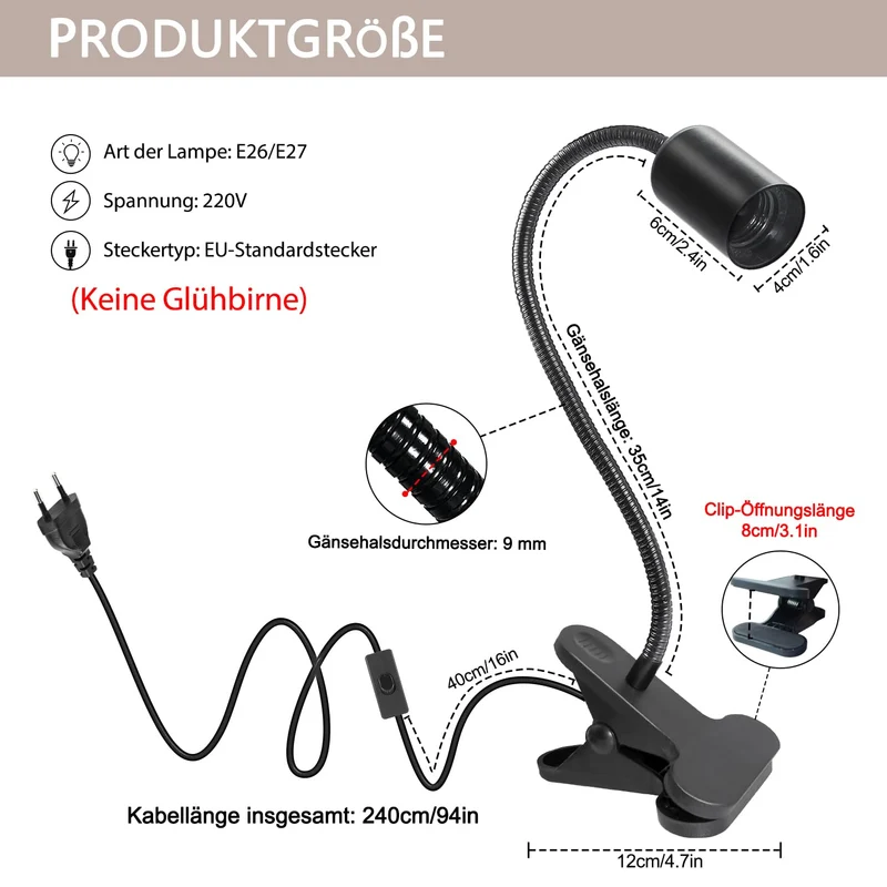 E27 Klemmleuchte mit Stecker und 240 CM Kabel, 360°Verstellbarer 35 CM Länge Schwanenhals Lampe, Lampenfassung mit Clip, Klemmleuchte mit Schalter, Klemmlampe mit Stecker, Bettlampe für Schlafzimmer