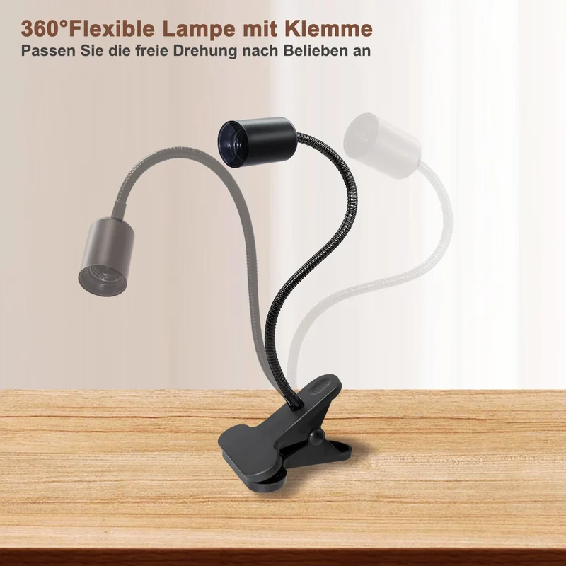 E27 Klemmleuchte mit Stecker und 240 CM Kabel, 360°Verstellbarer 35 CM Länge Schwanenhals Lampe, Lampenfassung mit Clip, Klemmleuchte mit Schalter, Klemmlampe mit Stecker, Bettlampe für Schlafzimmer