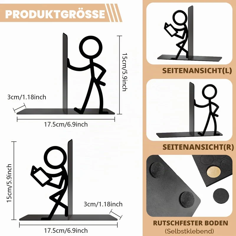 1 Paar Buchstützen für Regale, schwarze Metall-Buchstützen, niedliche Personen-Buchhalter-Unterstützungen, skurrile schwere Bücher-Organisator-Stopper für Zuhause, Büro