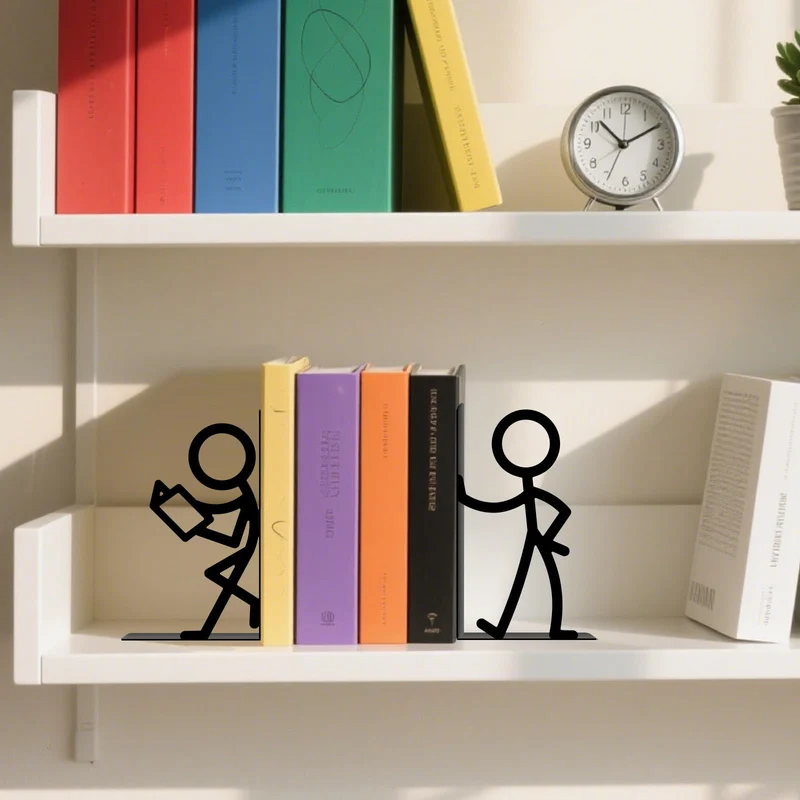 1 Paar Buchstützen für Regale, schwarze Metall-Buchstützen, niedliche Personen-Buchhalter-Unterstützungen, skurrile schwere Bücher-Organisator-Stopper für Zuhause, Büro