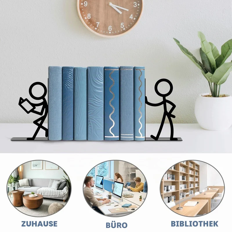 1 Paar Buchstützen für Regale, schwarze Metall-Buchstützen, niedliche Personen-Buchhalter-Unterstützungen, skurrile schwere Bücher-Organisator-Stopper für Zuhause, Büro