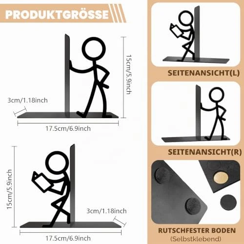 1 Paar Buchstützen für Regale, schwarze Metall-Buchstützen, niedliche Personen-Buchhalter-Unterstützungen, skurrile schwere Bücher-Organisator-Stopper für Zuhause, Büro