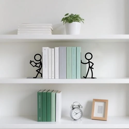 1 Paar Buchstützen für Regale, schwarze Metall-Buchstützen, niedliche Personen-Buchhalter-Unterstützungen, skurrile schwere Bücher-Organisator-Stopper für Zuhause, Büro