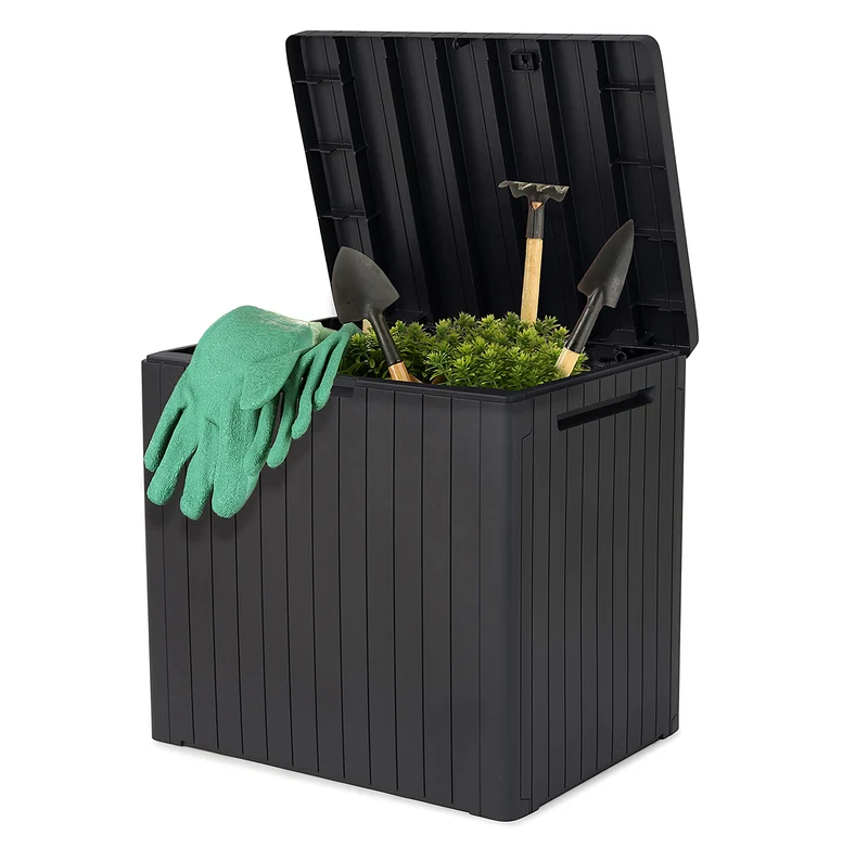 Keter City Box, Aufbewahrungsbox, dunkelgrau, Inhalt: 113L, Maße: HxTxB 55x44x57,8cm, ideal für Balkon und kleine Flächen, Holzoptik