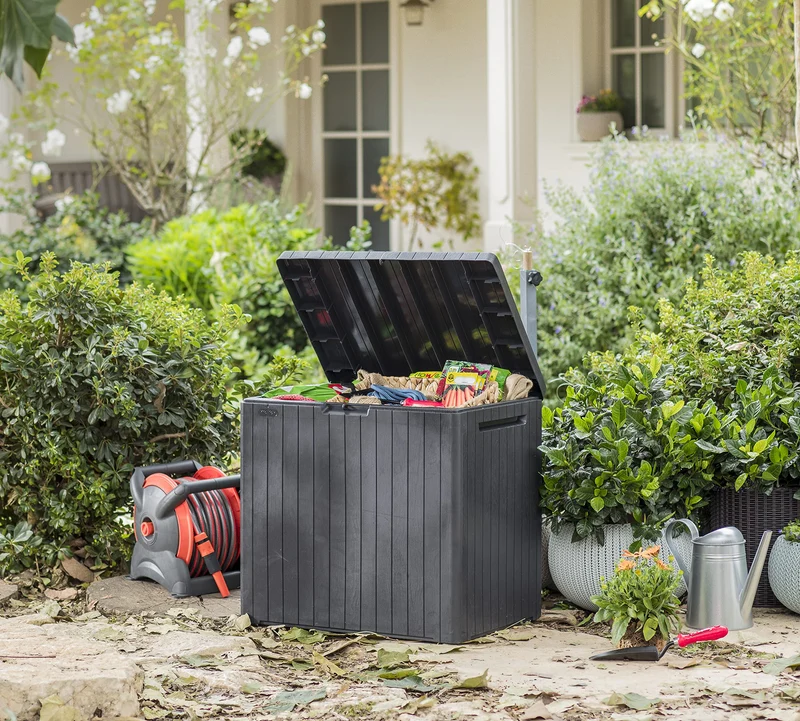 Keter City Box, Aufbewahrungsbox, dunkelgrau, Inhalt: 113L, Maße: HxTxB 55x44x57,8cm, ideal für Balkon und kleine Flächen, Holzoptik
