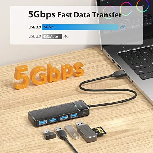 iDsonix USB Hub 3.0 mit verlängertem 180cm Kabel, USB Splitter 3.2 Gen 1 USB Verteiler, 5Gbps USB Erweiterung mehrfach verlängerung für PC, MacBook, iMac, Surface Pro, Laptop, Flash Drive, Mobile HDD