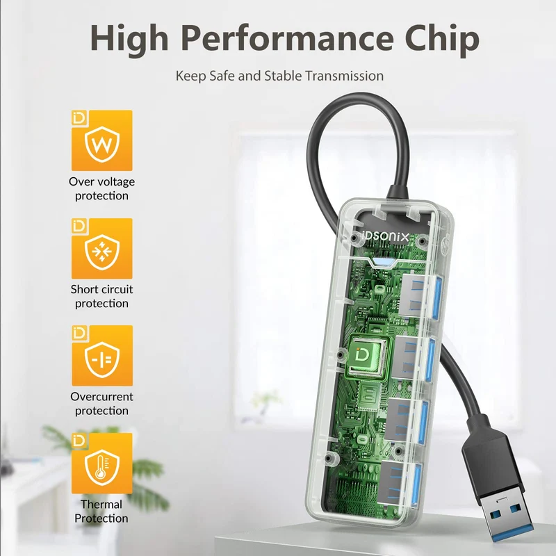 iDsonix USB Hub 3.0 mit verlängertem 180cm Kabel, USB Splitter 3.2 Gen 1 USB Verteiler, 5Gbps USB Erweiterung mehrfach verlängerung für PC, MacBook, iMac, Surface Pro, Laptop, Flash Drive, Mobile HDD