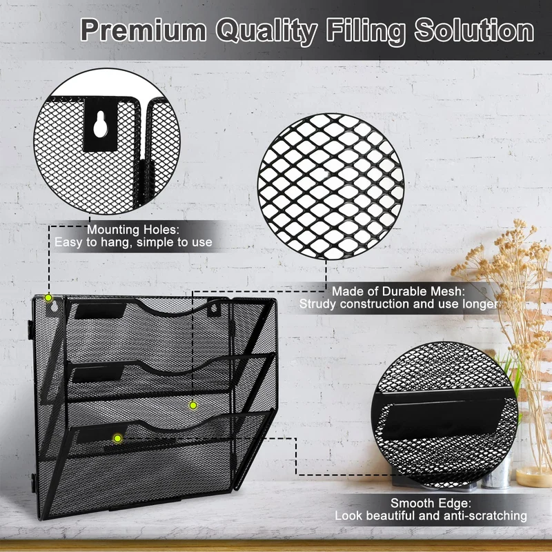 TQVAI 3 Fächer Zeitschriftenhalter Wand Metall Dokumenten Organizer Papier A4 Flyerhalter Postsortierer Dokumentenablage für Büro Zuhause Schule, Schwarz