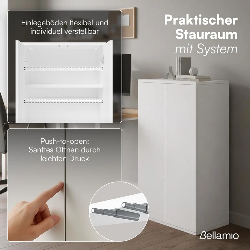 Bellamio Ais Mehrzweckschrank 60 cm breit, 3 Fächer, Weiß, mit Push-to-Open
