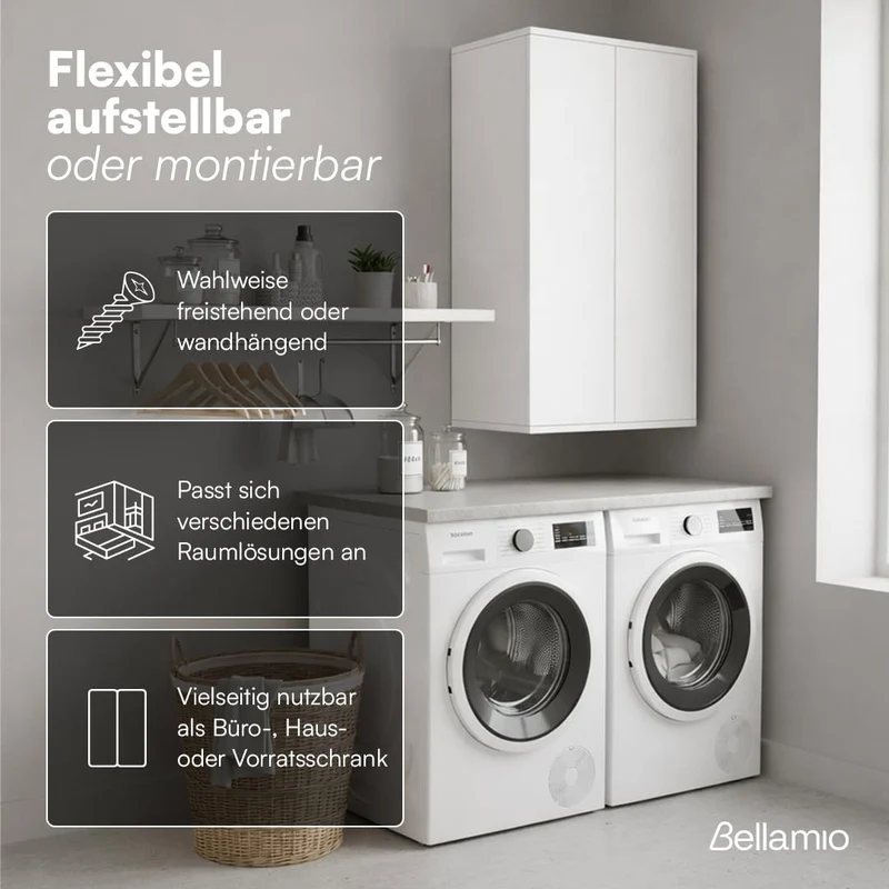 Bellamio Ais Mehrzweckschrank 60 cm breit, 3 Fächer, Weiß, mit Push-to-Open