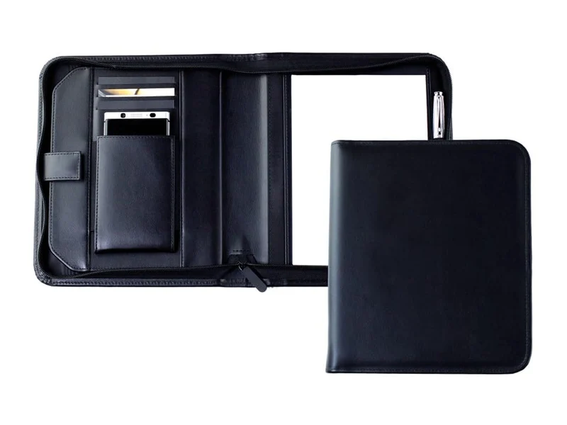 DELMON VARONE - Personalisierbare Tablet und Smartphone Schreibmappe DIN A5 aus Premium Boxcalf Leder schwarz, Organizer Businessmappe mit Notizblock, Stiftschlaufe, Steckfächer und Reißverschluss