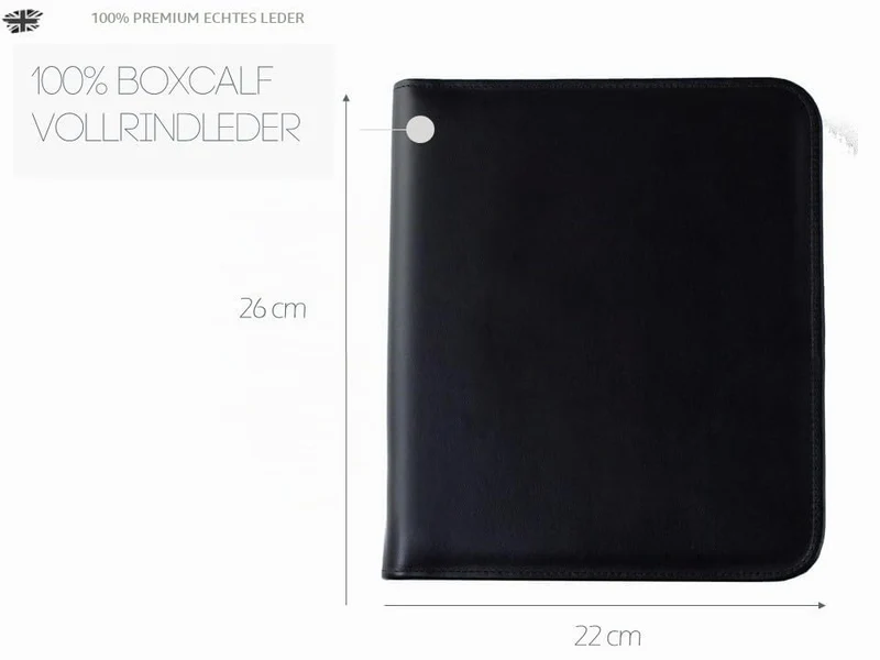 DELMON VARONE - Personalisierbare Tablet und Smartphone Schreibmappe DIN A5 aus Premium Boxcalf Leder schwarz, Organizer Businessmappe mit Notizblock, Stiftschlaufe, Steckfächer und Reißverschluss