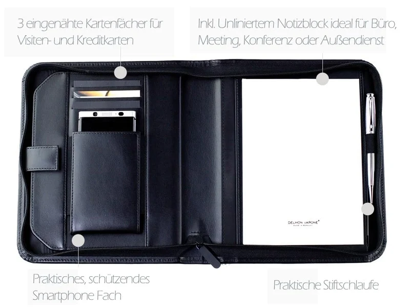 DELMON VARONE - Personalisierbare Tablet und Smartphone Schreibmappe DIN A5 aus Premium Boxcalf Leder schwarz, Organizer Businessmappe mit Notizblock, Stiftschlaufe, Steckfächer und Reißverschluss