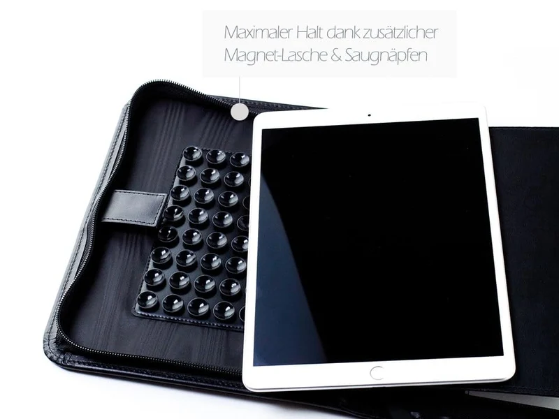 DELMON VARONE - Personalisierbare Tablet und Smartphone Schreibmappe DIN A5 aus Premium Boxcalf Leder schwarz, Organizer Businessmappe mit Notizblock, Stiftschlaufe, Steckfächer und Reißverschluss