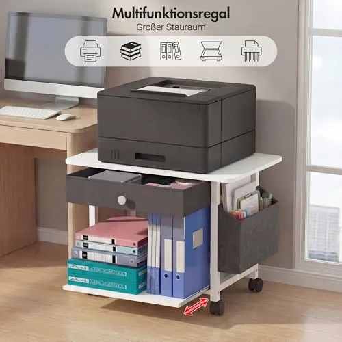 Druckertisch mit Rollen, Mobiler Druckerständer Schreibtisch mit Stoffschublade, Druckerwagen für den Schreibtisc, Home Office Druckerhalter Büro Druckerwagen Drucker Regal, Printer Stand (2 Reifen)