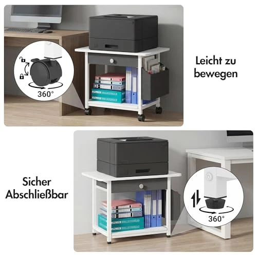 Druckertisch mit Rollen, Mobiler Druckerständer Schreibtisch mit Stoffschublade, Druckerwagen für den Schreibtisc, Home Office Druckerhalter Büro Druckerwagen Drucker Regal, Printer Stand (2 Reifen)