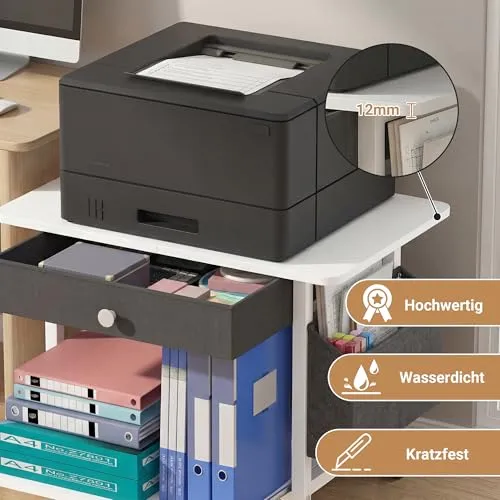 Druckertisch mit Rollen, Mobiler Druckerständer Schreibtisch mit Stoffschublade, Druckerwagen für den Schreibtisc, Home Office Druckerhalter Büro Druckerwagen Drucker Regal, Printer Stand (2 Reifen)