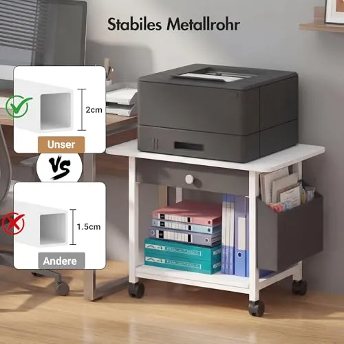 Druckertisch mit Rollen, Mobiler Druckerständer Schreibtisch mit Stoffschublade, Druckerwagen für den Schreibtisc, Home Office Druckerhalter Büro Druckerwagen Drucker Regal, Printer Stand (2 Reifen)
